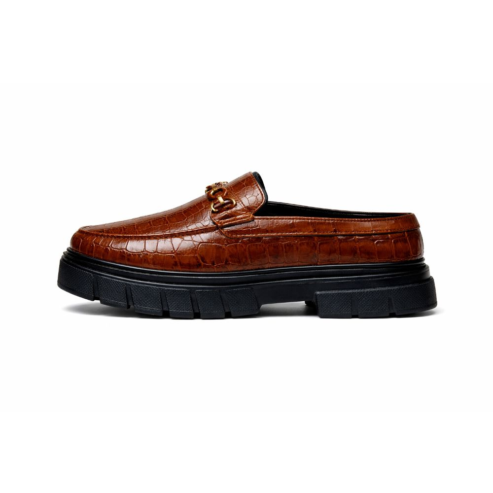 Brown Croc Embossed Platform Loafers